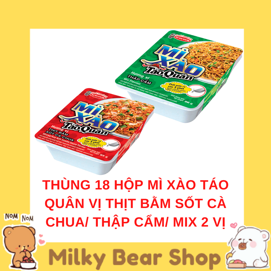 Thùng 18 hộp mì xào táo quân vị thịt bằm sốt cà chua/ thập cẩm/ mix 2 vị