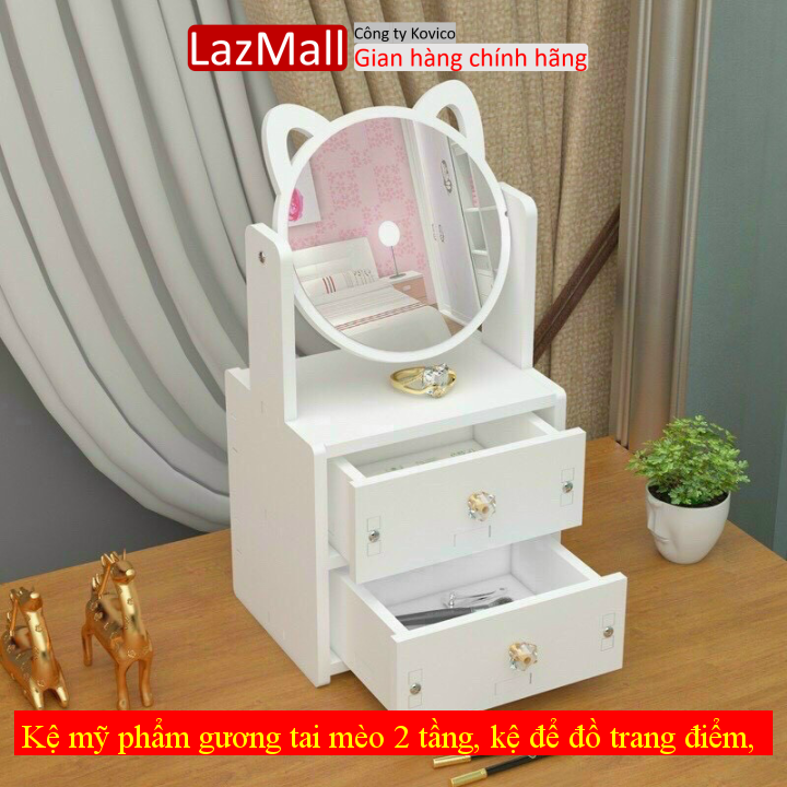 Kệ mỹ phẩm gương tai mèo 2 tầng, kệ để đồ trang điểm, Kệ mỹ phẩm mini, Kệ đựng đồ trang điểm thông minh