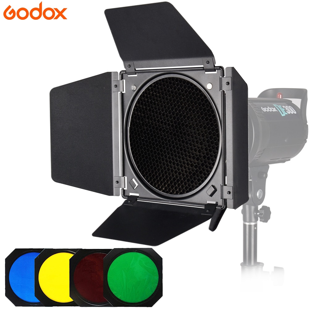 Godox BD-04 Barn Door + Honeycomb Mesh +4 Color Filter For Bowen Mountain Standard Reflector Photography Studio Flash
