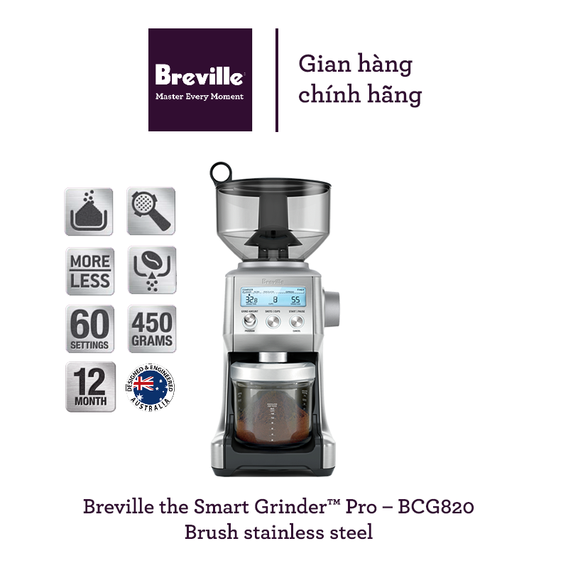 Máy xay cafe Breville Smart Grinder Pro BCG820, chính xác, lên tới 60 lập trình, cối xay cafe hình nón, màn hình hiển thị dể dàng