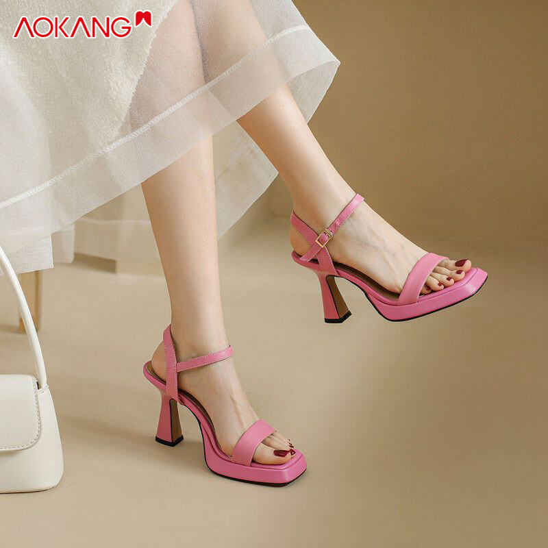 AOKANG sandal nữ dép đế cao nữ Giày Nữ Đế Xuồng Một Dây Với Giày Cao Gót Mũi Vuông Sành Điệu Xăng Đa