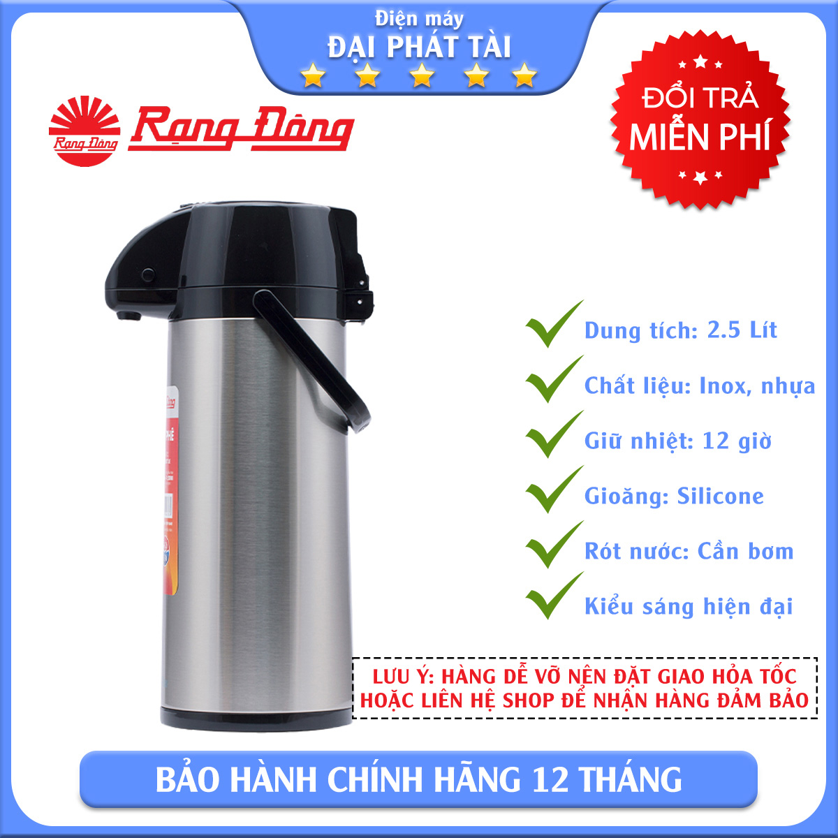 Chỉ giao hỏa tốc phích nước nóng rạng đông 2.5l inox rd 2545 st1.e