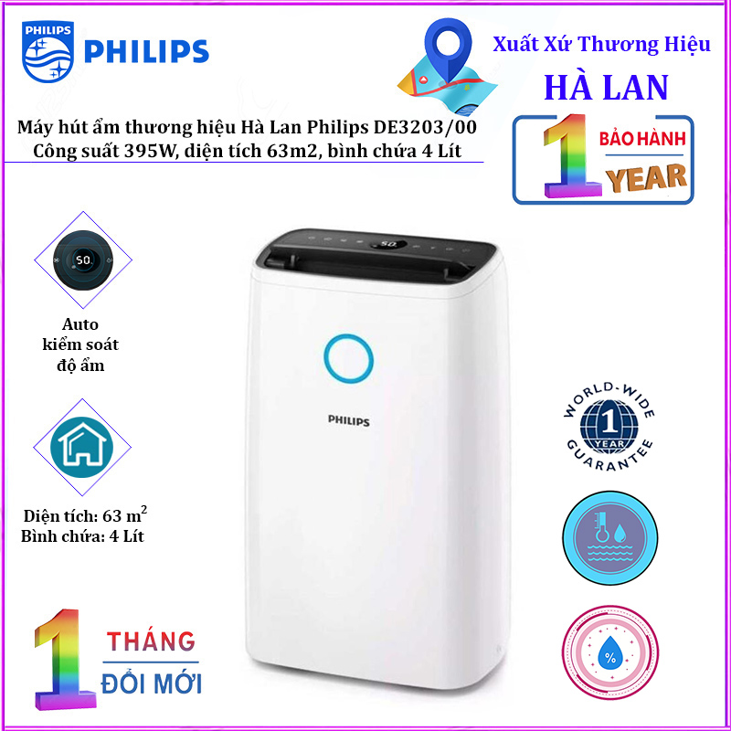 Bh 12 tháng - máy hút ẩm philips de3203/00, công suất 395w, dung tích bình chứa nước 4 lít