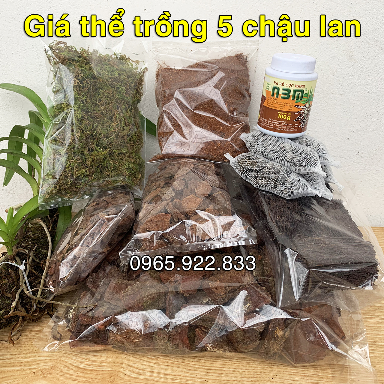 Giá thể vỏ thông, dớn, rêu,.. đầy đủ trồng 5 chậu lan loại tốt