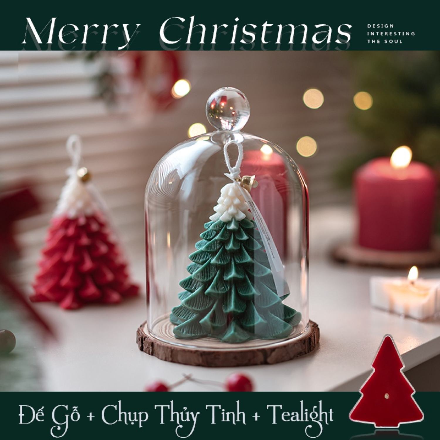 Nến thơm cây thông noel mesmeric hương giáng sinh tặng kèm đế gỗ