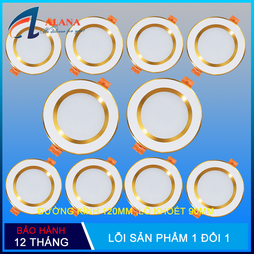 Bộ 10 đèn led âm trần viền vàng 7w 3 màu 3 chế độ