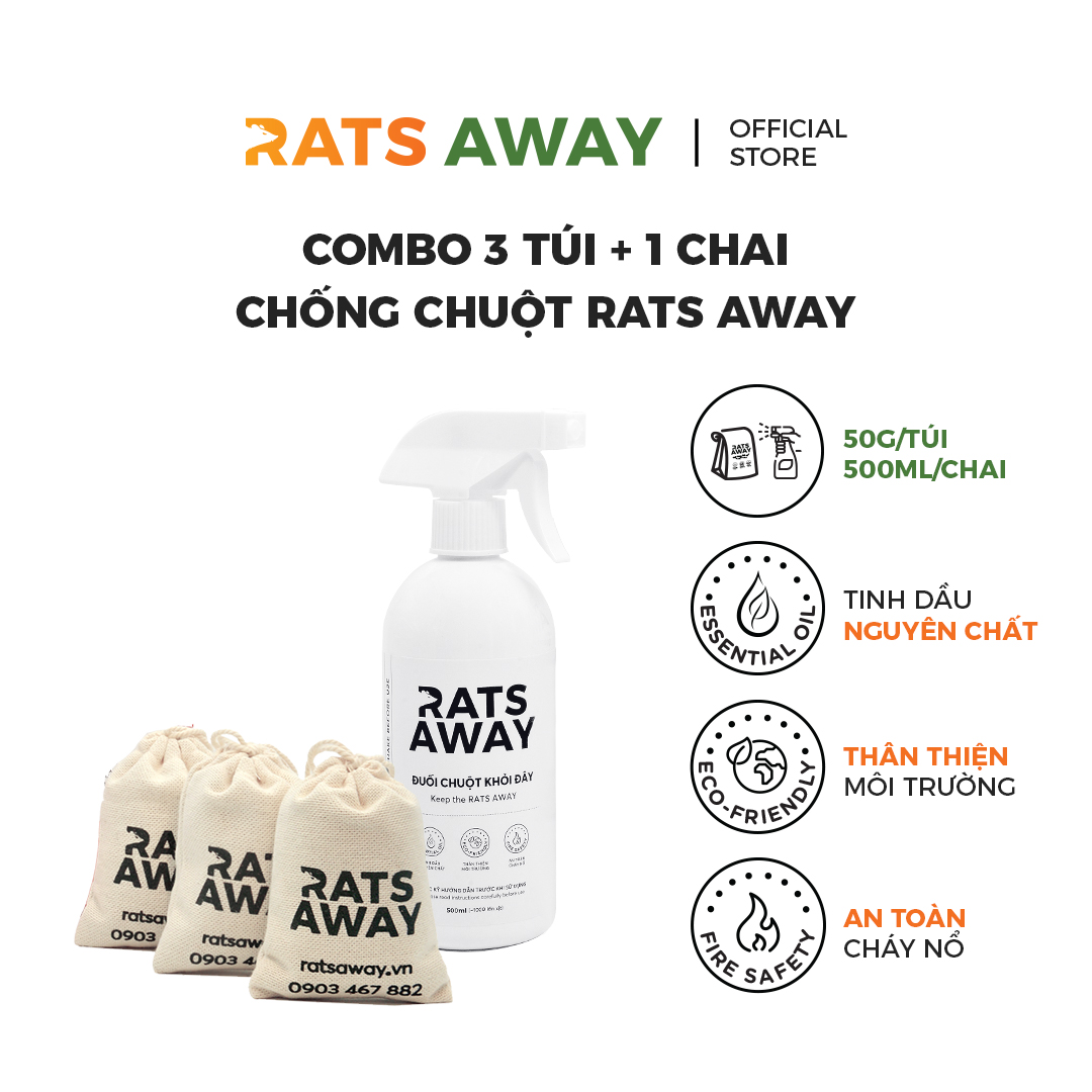 Combo đuổi chuột cho xe gầm cao: chai xịt + 3 túi treo rats away