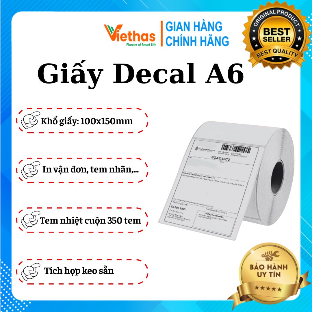 Giấy in nhiệt, Decal tem nhiệt A6 Khổ 100x150 mm chuyên dùng in đơn sàn TMĐT, mã vận đơn, phiếu giao hàng