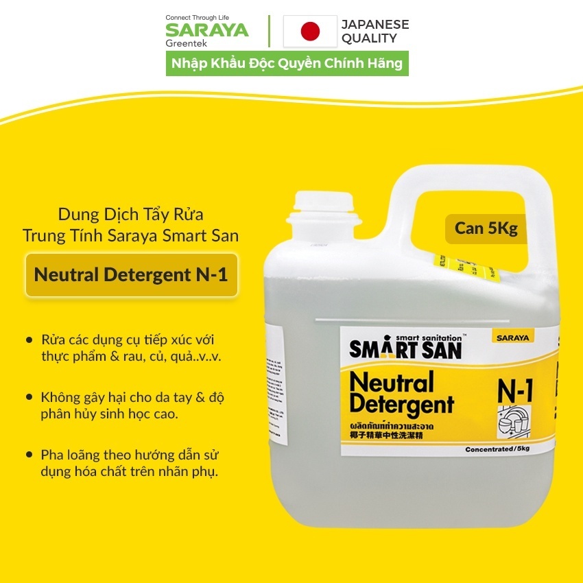 Dung Dịch Tẩy Rửa Trung Tính Rau, Củ, Quả Saraya Neutral Detergent N-1, Thân Thiện Với Da Và Môi Trường - Can 5Kg