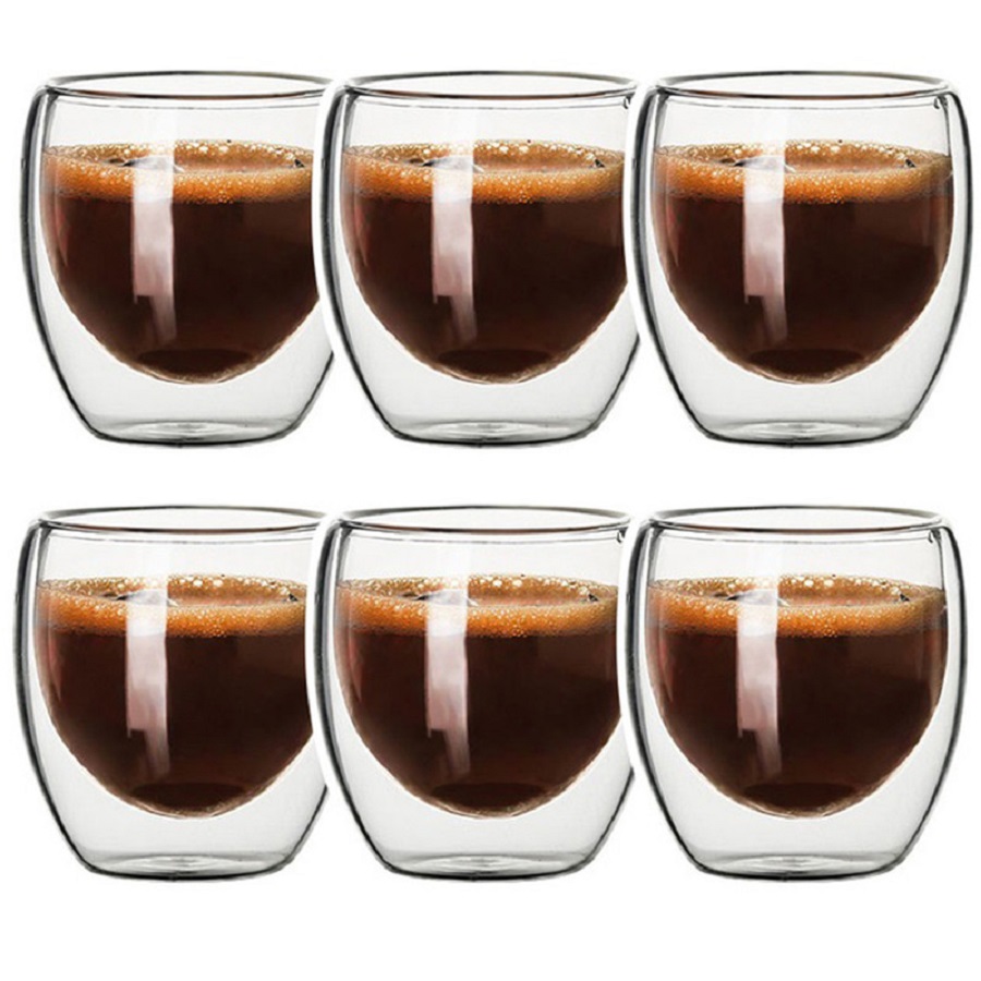 6 cái/80ml, cốc cà phê espresso thủy tinh 2.7 oz, bộ ly cách nhiệt tường đôi bộ ly uống trà, cà phê, latte, cappucino, cafe, sữa, trong suốt