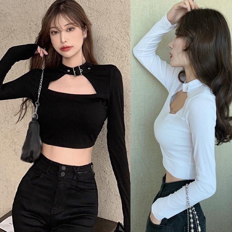Áo kiểu nữ croptop phối khóa gài cổ tay dài sexy, chất vải thun co giãn tốt, free size dưới 54kg