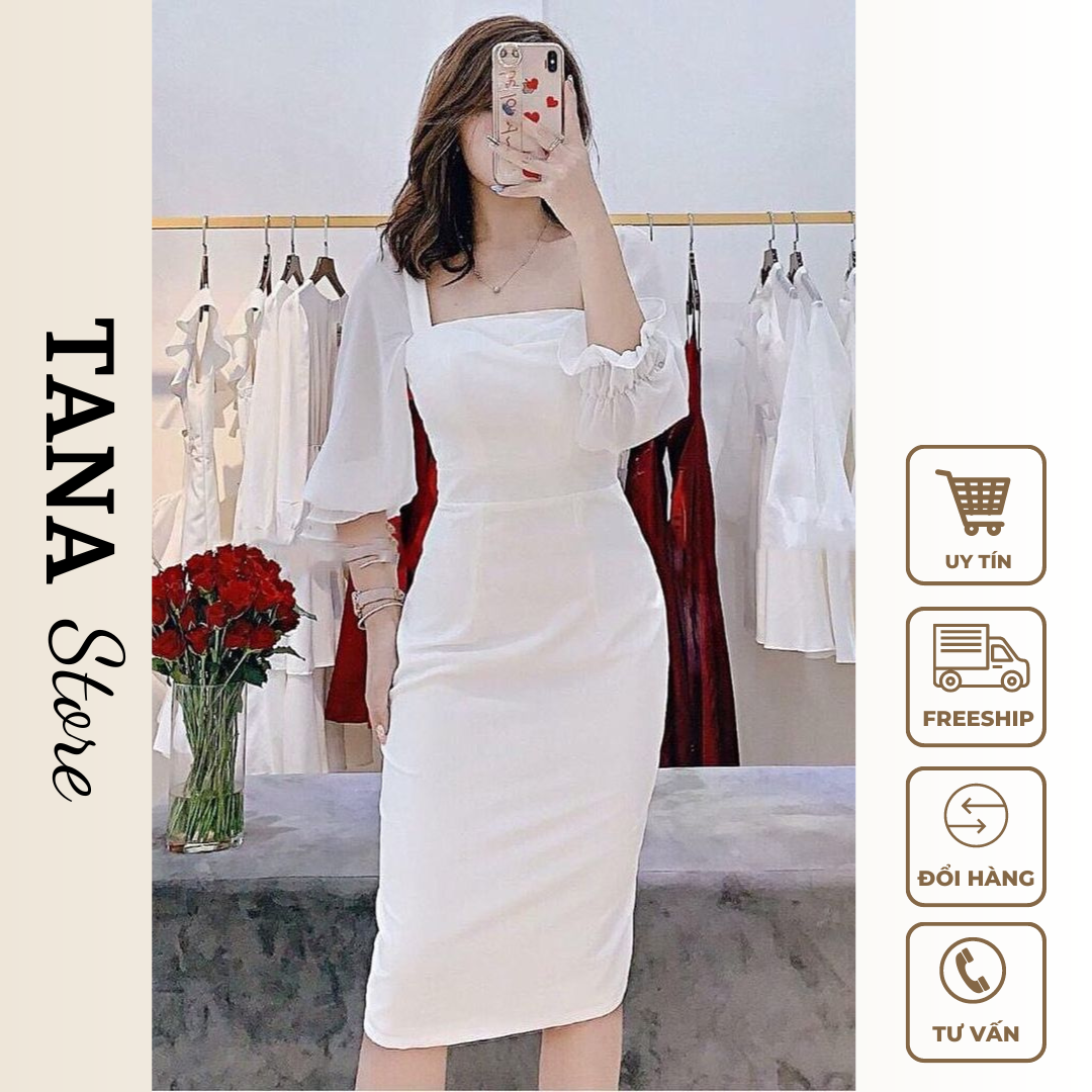Đầm thiết kế body trắng , đầm body cổ vuông mặc đi tiệc cực sang tana d0191
