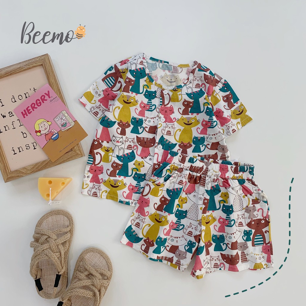 Set trang phục đồ ngủ bé trai/bé gái cổ trơn họa tiết mèo xinh xắn Beemo 20B122