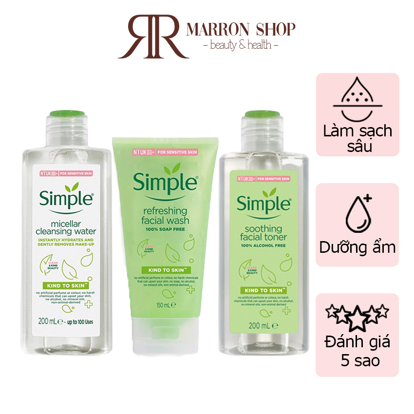 Combo simple làm sạch và dưỡng ẩm da dịu nhẹ 3 món. nước tẩy trang simple + sữa rửa mặt simple + toner simple. tặng mặt nạ dưỡng ẩm hàn quốc 20k - le marron shop
