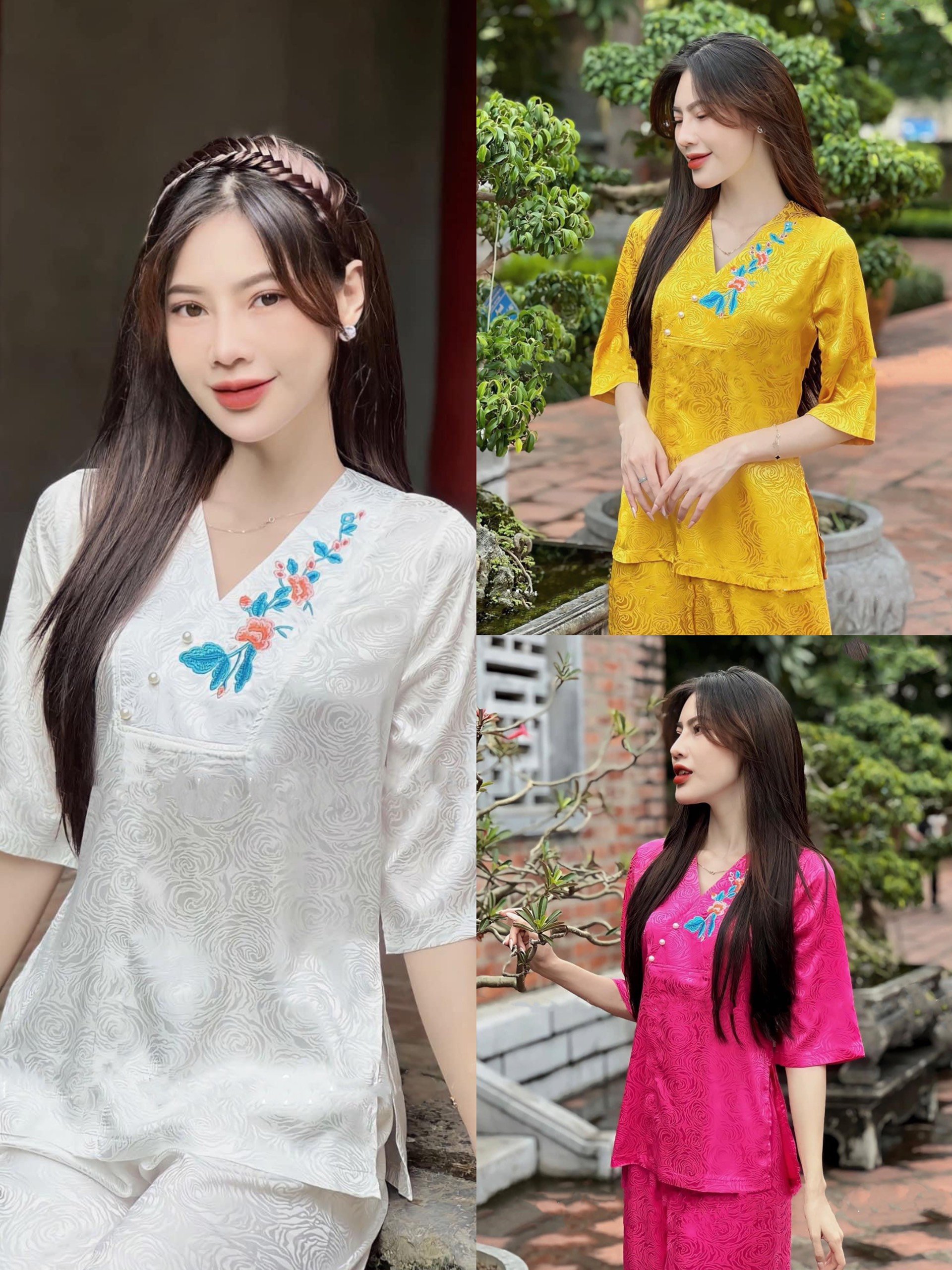 Đồ lam đi chùa - pháp phục đi lễ chùa bộ gấm cổ chữ v thêu hoa g05