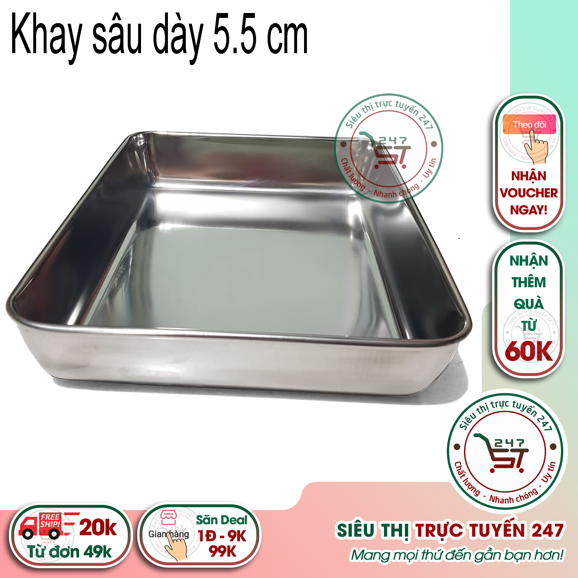 Khay inox 304 đựng thức ăn - topping khay nhôm mâm inox nhữ nhật sâu lòng đặc biệt