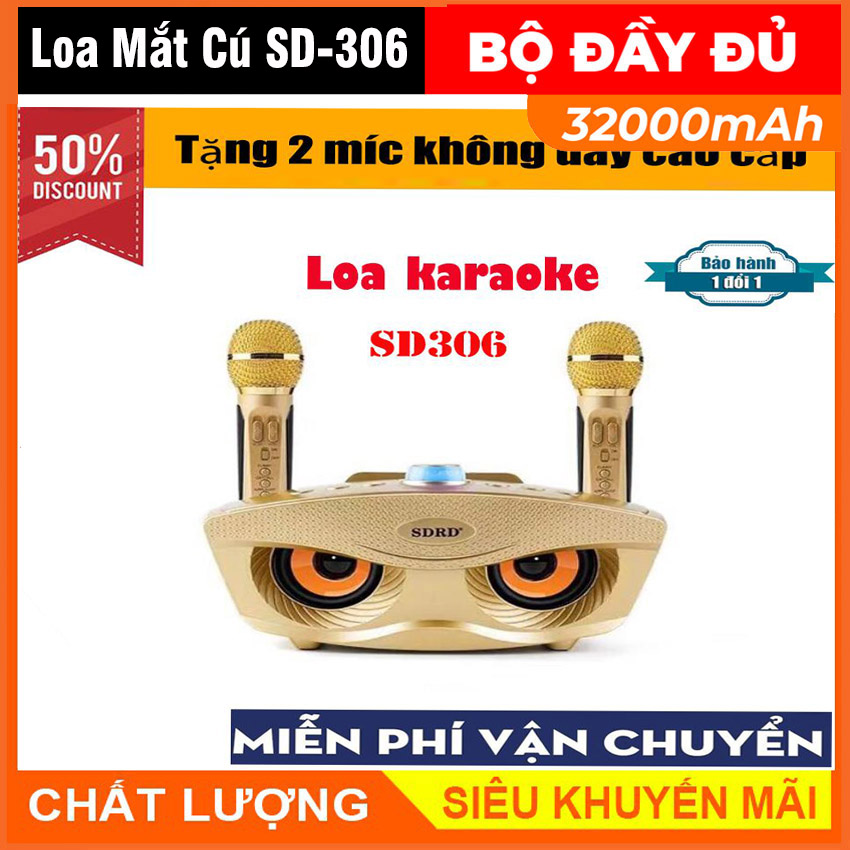 Loa karaoke bluetooth sd-306 plus hình cú, loa karaoke mini di động hát âm lớn,hát karaoke tuyệt hay tặng kèm 2 mic không dây
