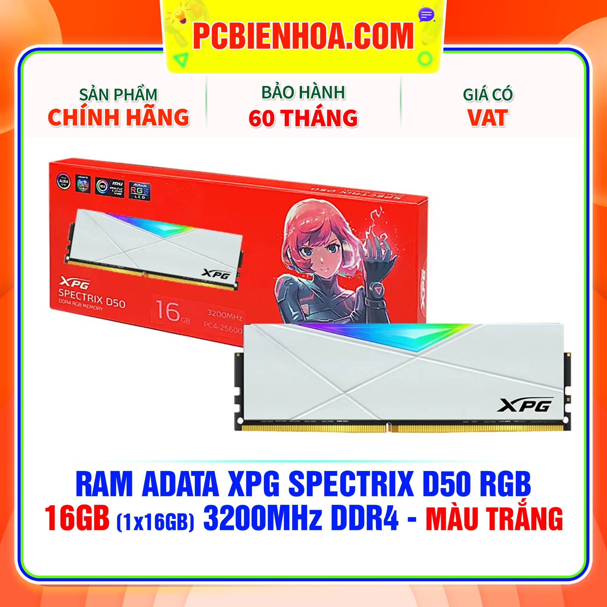 RAM ADATA XPG SPECTRIX D50 RGB - 16GB 3200MHZ DDR4 - MÀU TRẮNG