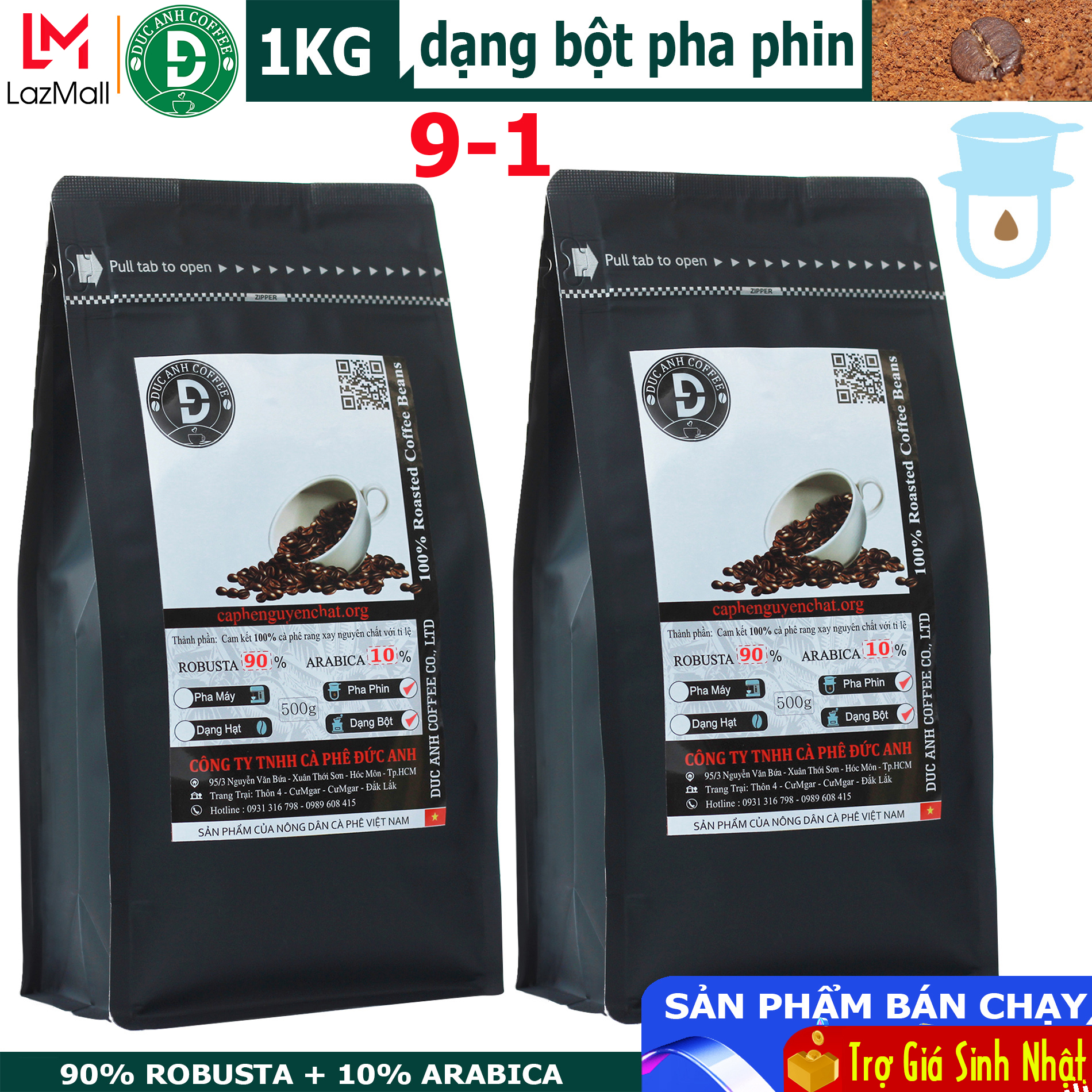1kg cà phê nguyên chất pha phin DUC ANH COFFEE tỷ lệ 9-1( 90% Robusta + 10% Arabica) - Cà Phê Đức Anh - cafe đức anh - cafe rang xay pha phin