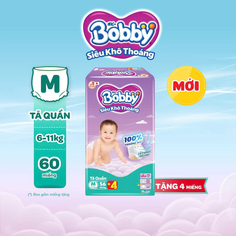 [CHỈ 20h 04-07.05 QT Đơn 899K/1199K]Tã quần Bobby Siêu Khô Thoáng - 100% Thoáng Khí Jumbo M56+4 miếng