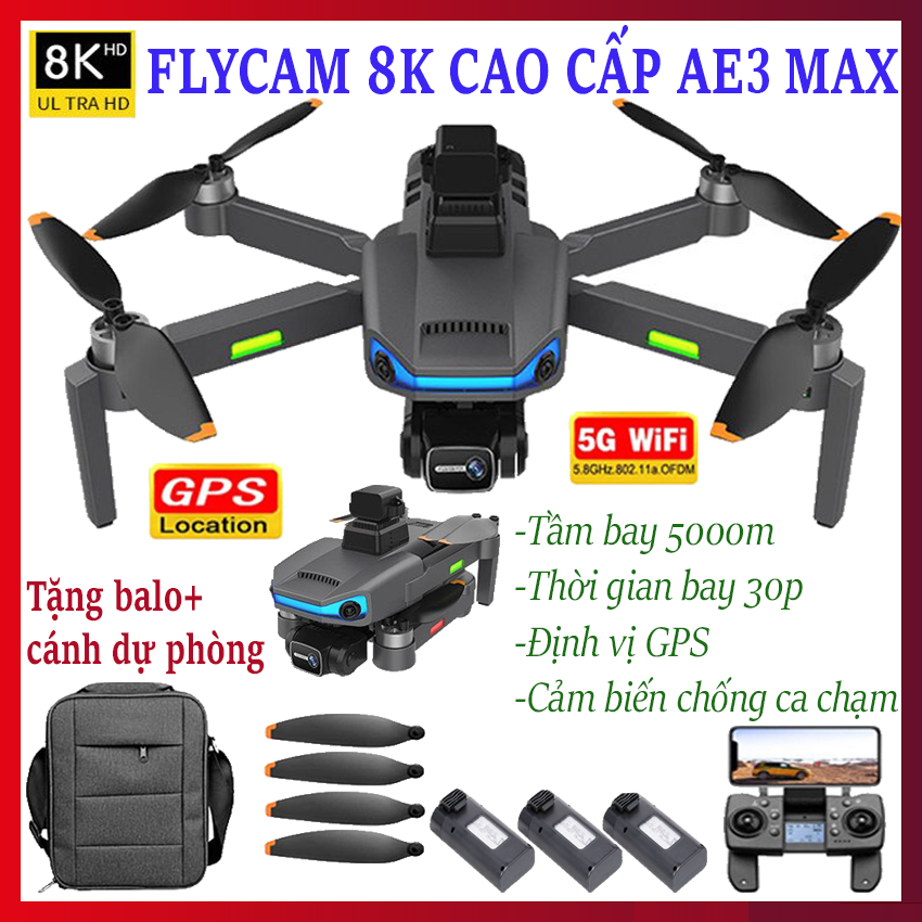 Flycam mini drone phiên bản nâng cấp AE3 Pro Max, Máy bay Flycam 8K cao cấp, Playcam không người lái định vị G.P.S, cảm biến chống va chạm, chống rung, Tầm bay 5000m, Bay 30p