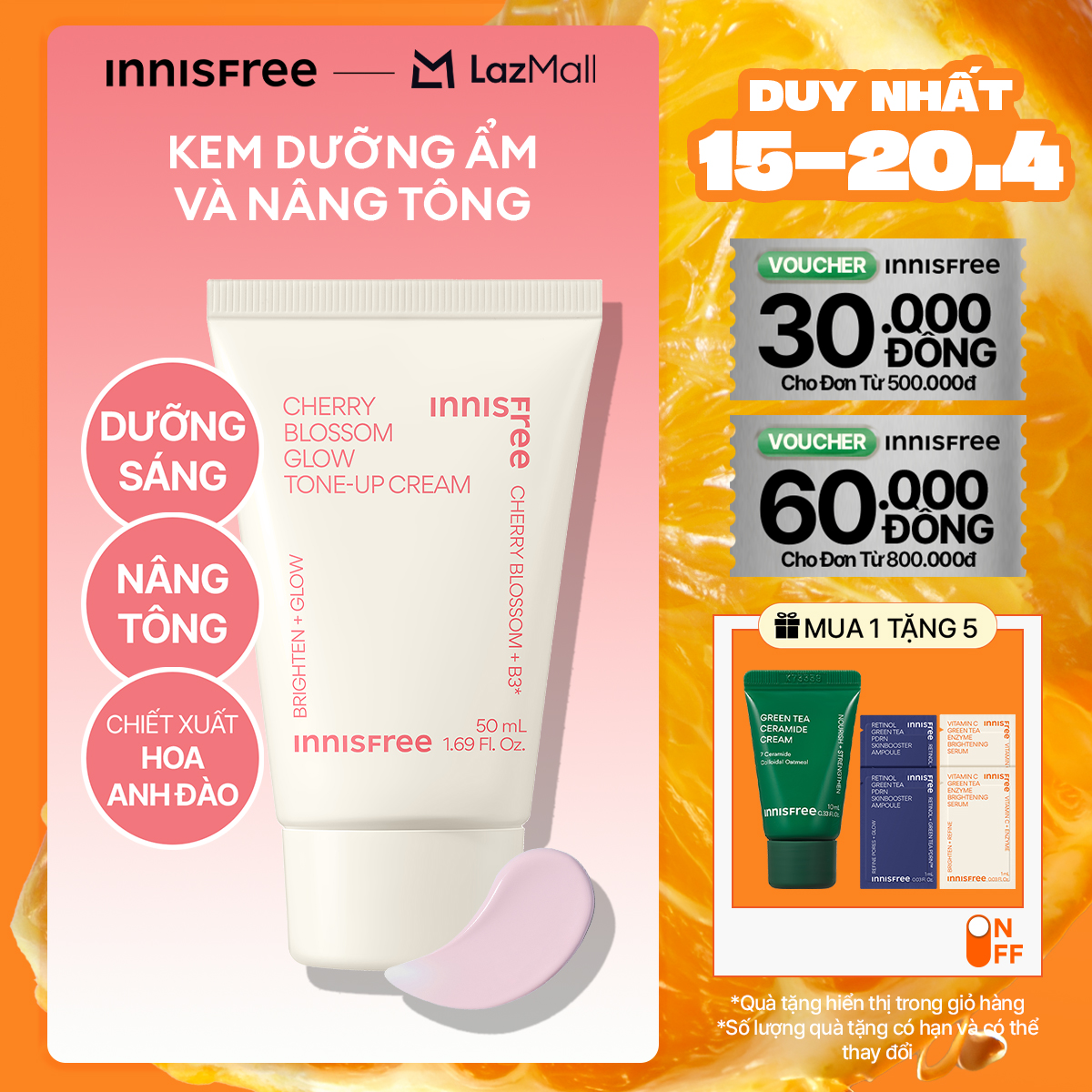 Kem nâng tông, dưỡng sáng làm đều màu da từ hoa anh đào INNISFREE Cherry Blossom Tone Up Cream 50ml