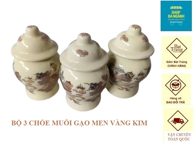 Bộ 3 chóe muối gạo nước men vàng kim cao 11 cm gốm sứ Bát Tràng cao cấp