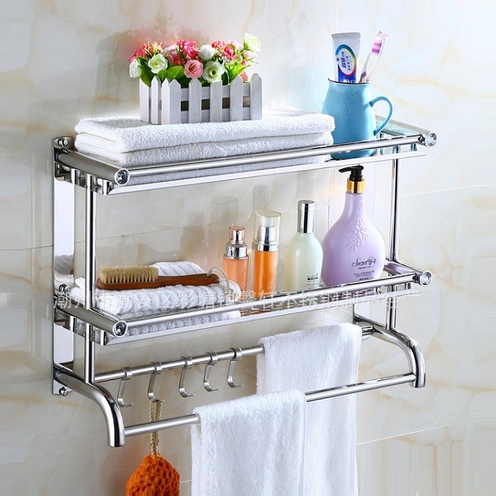 Kệ nhà tắm có móc treo đồ inox 304 kích thước 60x15x38cm