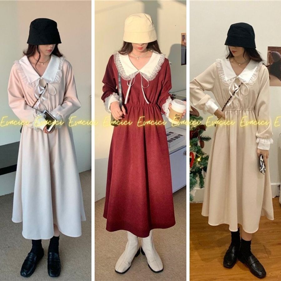 Đầm váy noel cổ V chiết eo tôn dáng cổ polo phối ren tay bồng. Váy tiểu thư nhung babydoll phối ren nhiều màu.