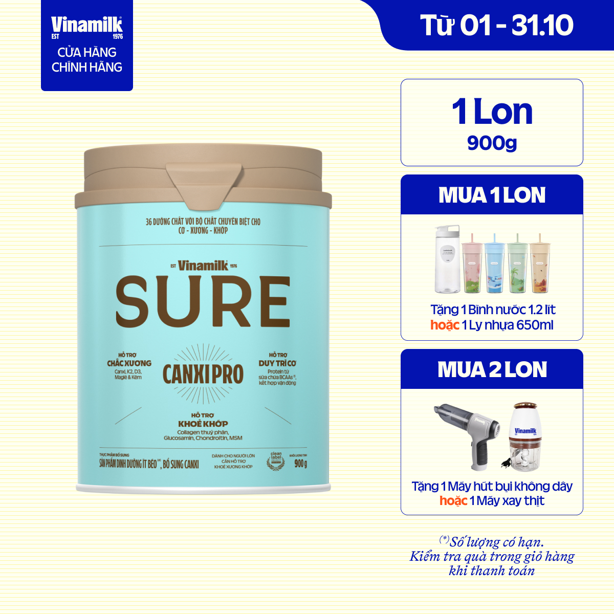 [CÓ THỂ NHẬN BAO BÌ CŨ/ MỚI] Sữa bột Vinamilk SURE CanxiPro 900g (Hộp thiếc) - Sữa bổ sung Canxi cho người già cao tuổi, Tốt cho xương khớp|  Có thể nhận Bao bì cũ/mới