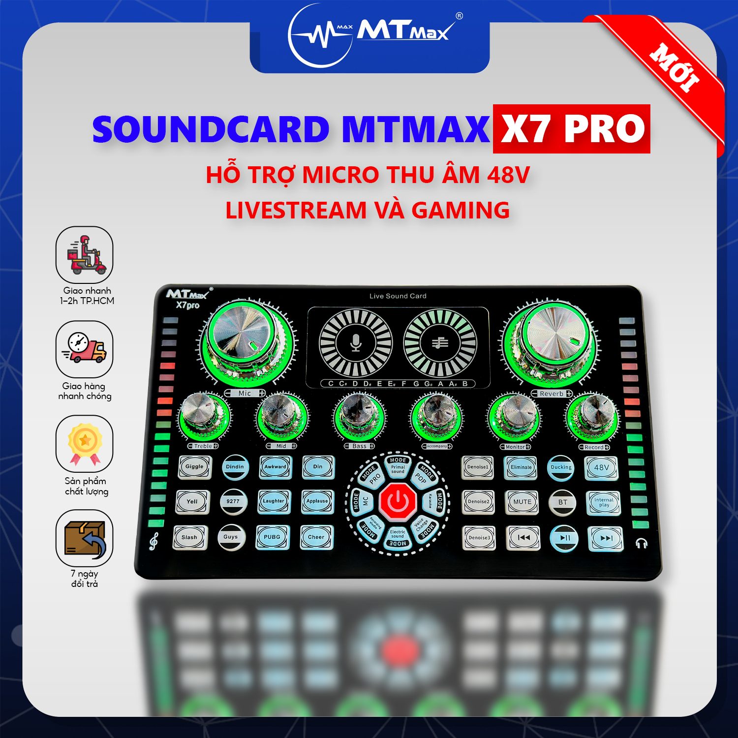 [ Chính Hãng ] Sound Card MTMAX X7PRO - Thu Âm Livestream Tại Nhà Dễ Dàng, Bluetooth 5.0, Có Nguồn Micro 48V, 12 Hiệu Ứng Âm Thanh, Thay Đổi Giọng Nói, Điều Chỉnh Bass Mid Treble