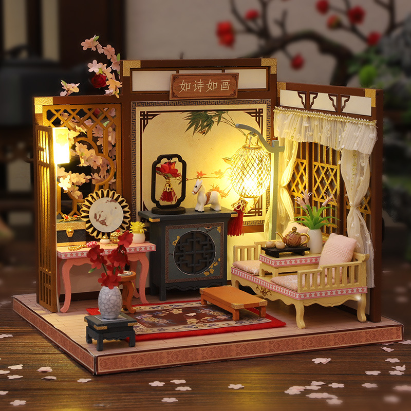 Mô Hình Xây Dựng Cổ Điển Phong Cách Trung Quốc Sáng Tạo Đàn Piano Nhà Tranh Tự Làm Bằng Gỗ, Cờ Vua, Thư Pháp Và Tranh Cảnh Quà Tặng Nữ Lắp Ráp Thủ Công