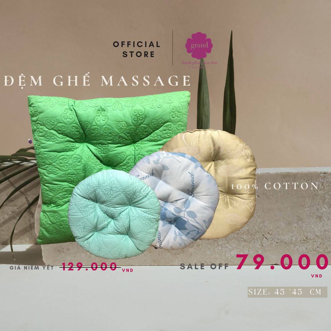 Đệm ngồi bệt vuông tròn kt 45 x 45 cm Grand cotton chần bông, nhiều mầu, nệm ngồi học bài, nệm café, nệm du lịch