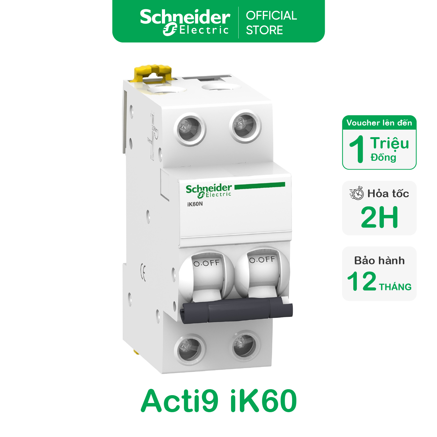 Cầu dao tự động mcb 2p dòng cắt 6ka acti9 ik60n - schneider electric - a9k27206 a9k27210 a9k27216 a9k27220 a9k27225 a9k27232
