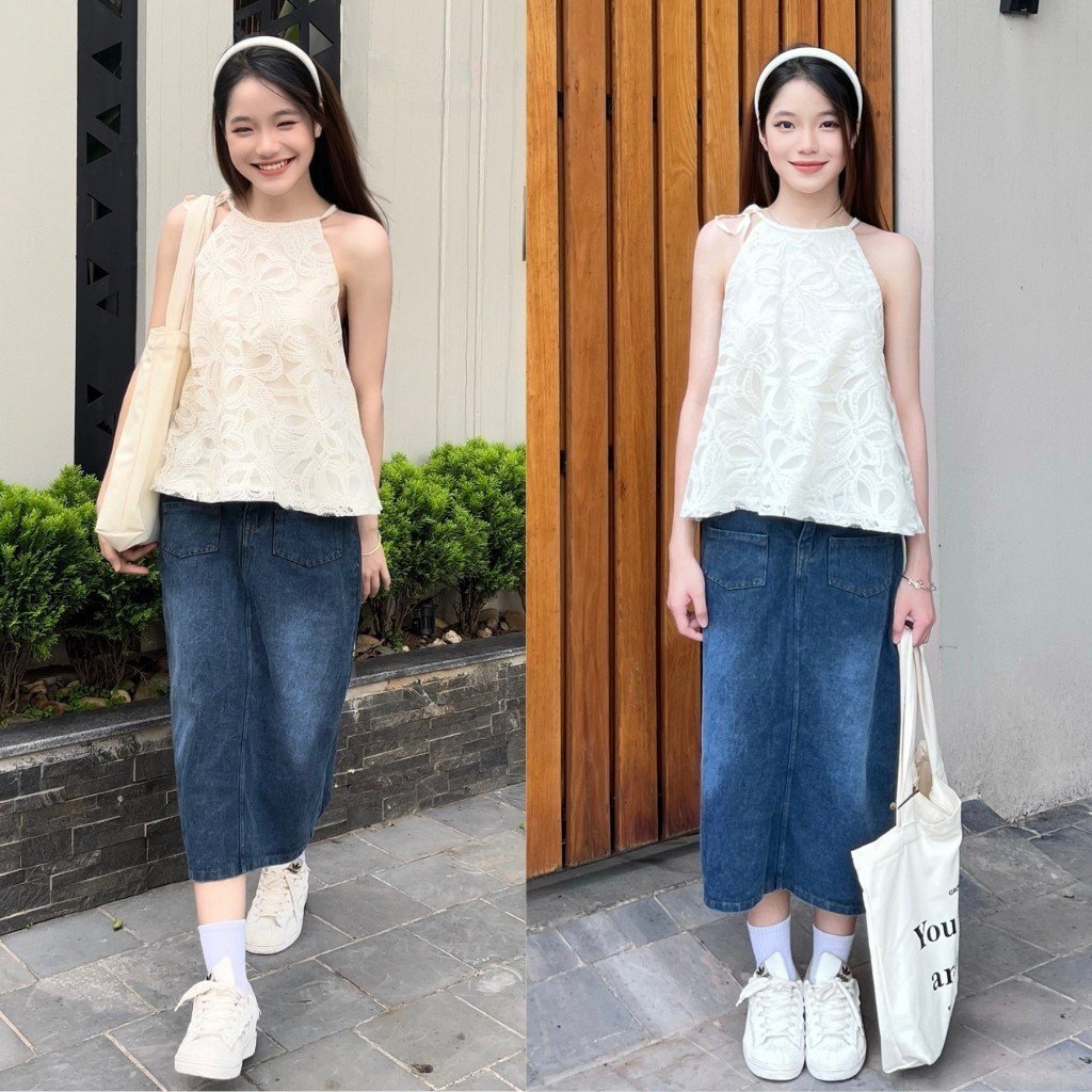 Áo yếm ren chil studio cột dây cổ tròn dáng suông , yếm ren trắng kem 2 lớp xịn xò