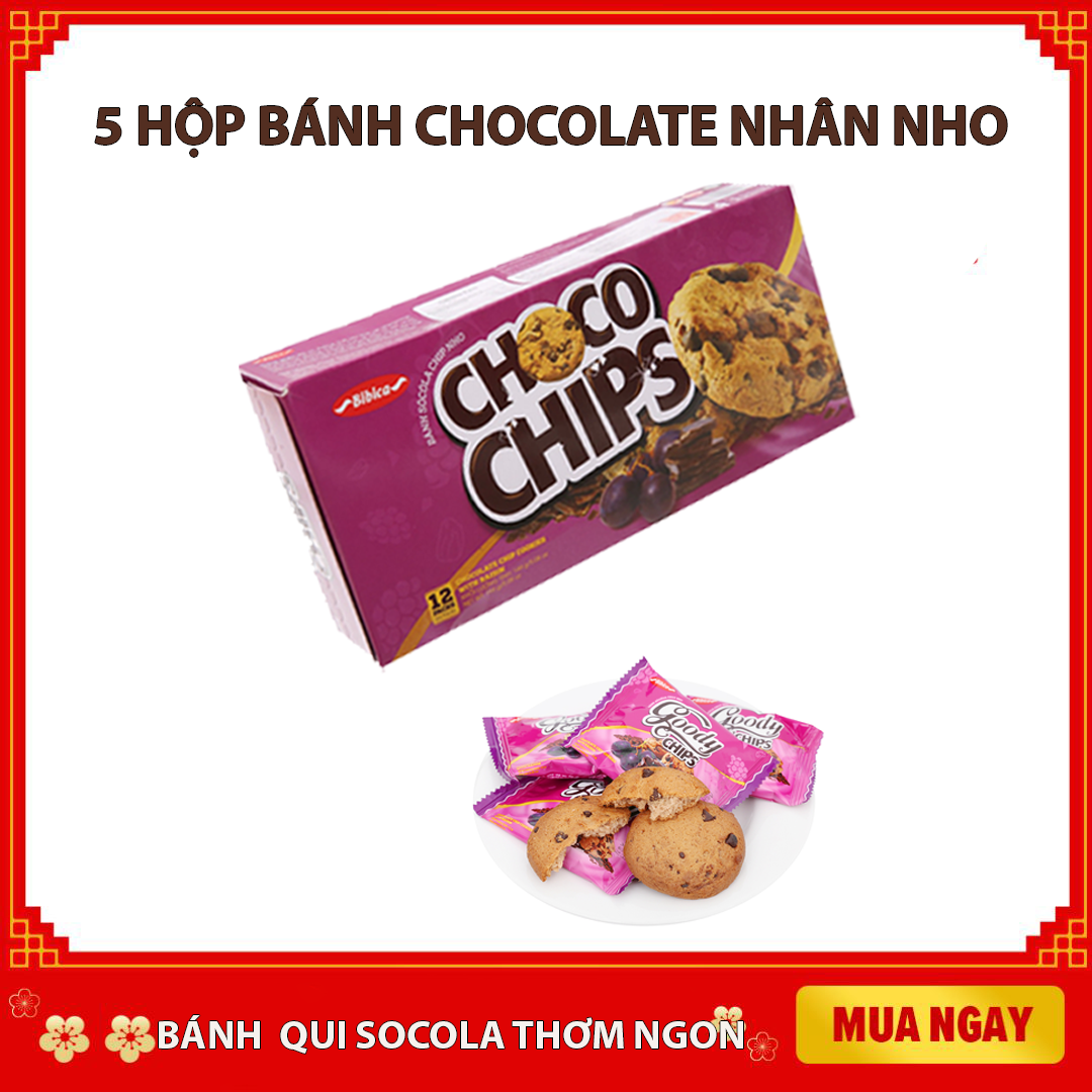 [HCM]5 Hộp Bánh qui socola Chip Nho Khô - Chocolate Chip Cookies With Raisn mang hương vị socola kết hợp với hạt điều thơm ngon thích hợp dùng tất cả cho mọi người 144g (12 gói x 12g)