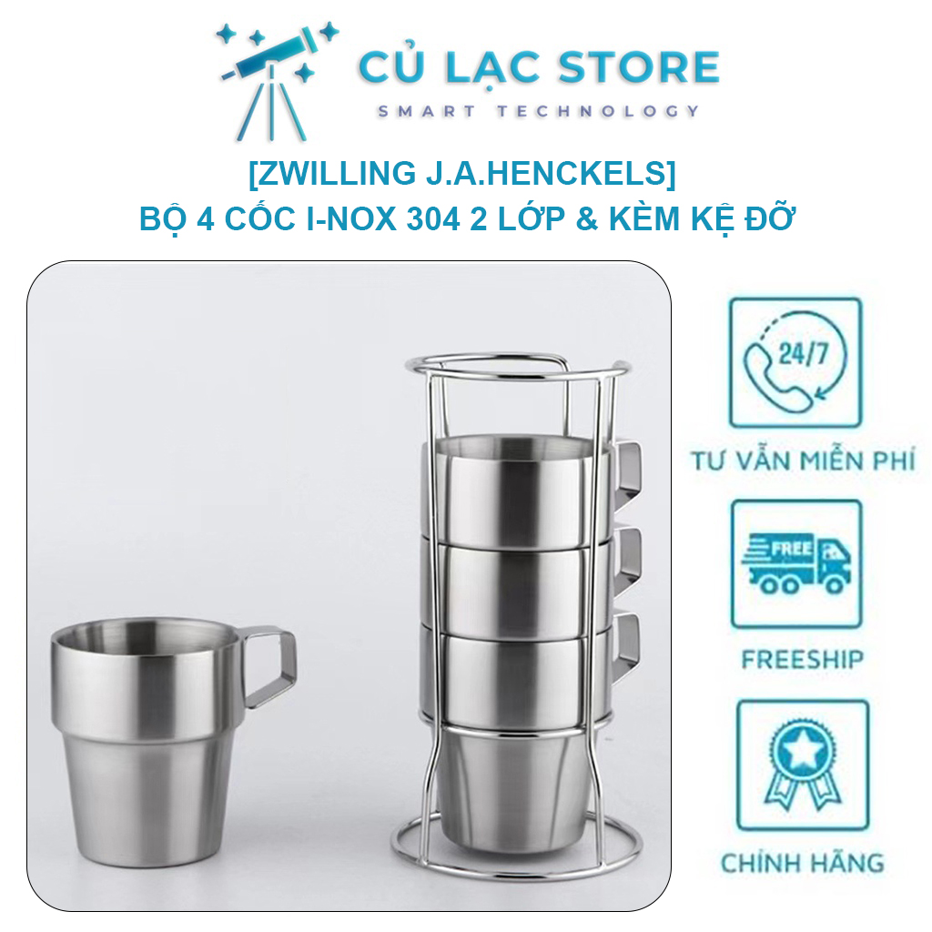 Bộ 4 cốc inox 304, 2 lớp cách nhiệt kèm kệ đỡ