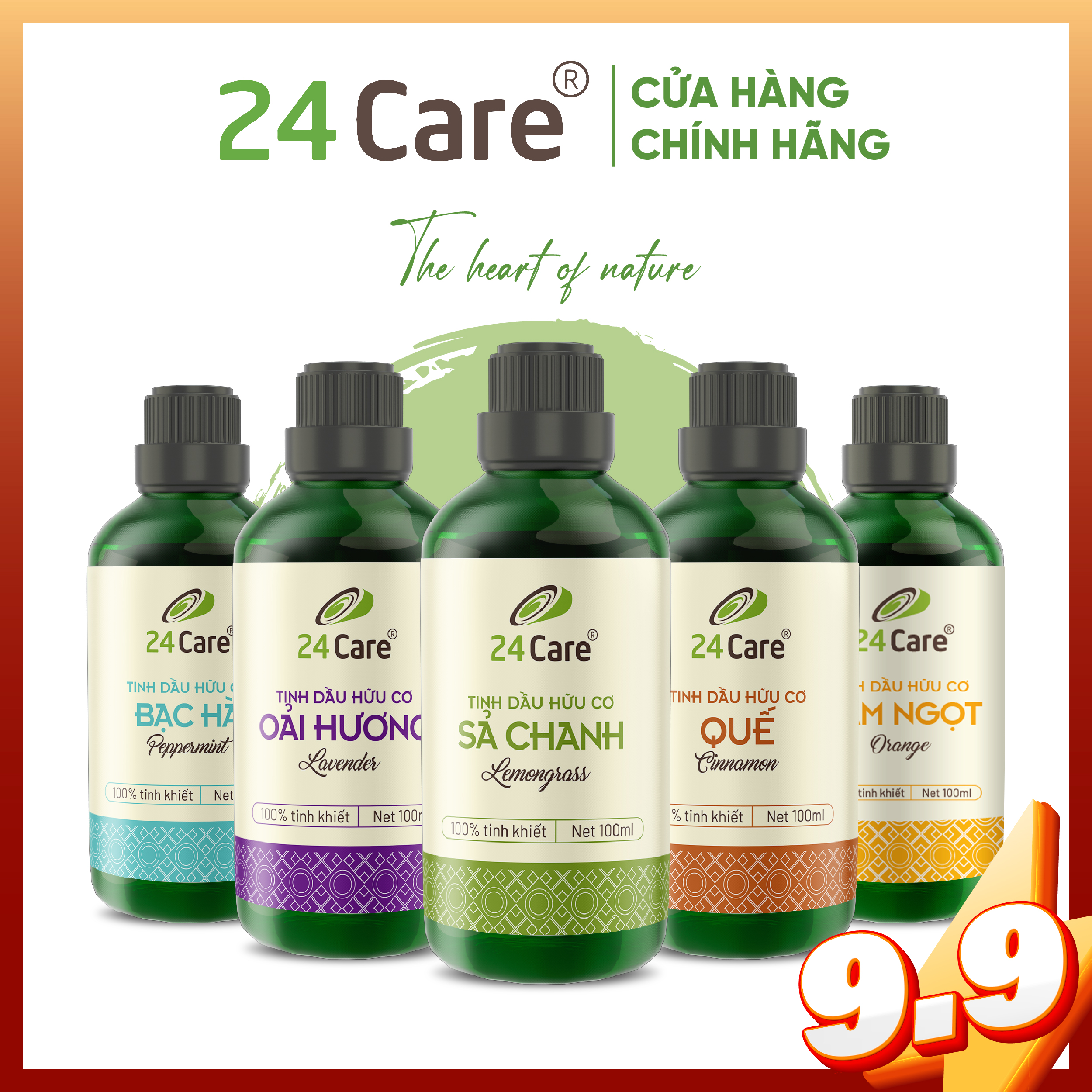 Tinh dầu thơm phòng 24Care 100ml nguyên chất nguồn gốc thiên nhiên - Khử mùi, đuổi muỗi, xông thơm phòng - Tinh dầu quế/ bạc hà/ cam/ tràm trà/ tràm gió/ sả chanh/ oải hương/ ngọc lan tây/ tinh dầu xả chanh