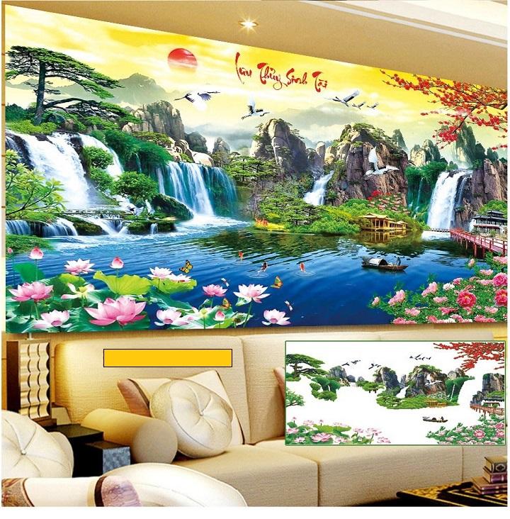 Tranh thêu chữ thập Phong cảnh Lưu thủy sinh tài KT 132*70cm