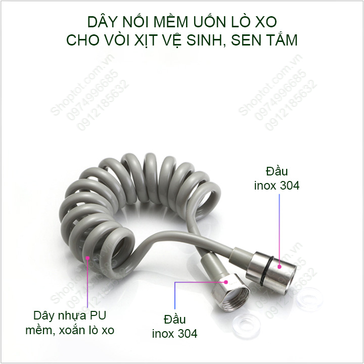 Dây mềm lò xo cho vòi xịt vệ sinh, sen tắm bằng nhựa PU, đầu bằng inox 304, dài 1.5m-2m-3m tùy chọn