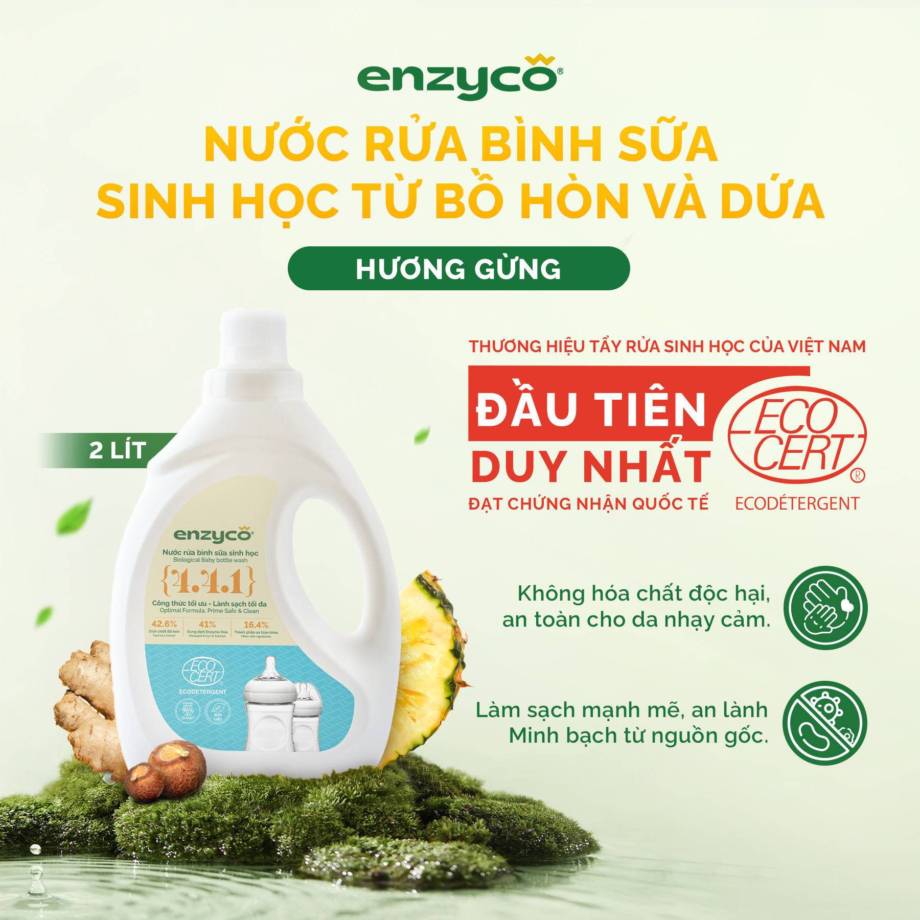 Nước Rửa Bình Sữa Sinh Học ENZYCO Từ Bồ Hòn Và Dứa Đạt Chứng Nhận ECODETERGENT-ECOCERT 2000ml, Thuần Chay, An Toàn Cho Bé