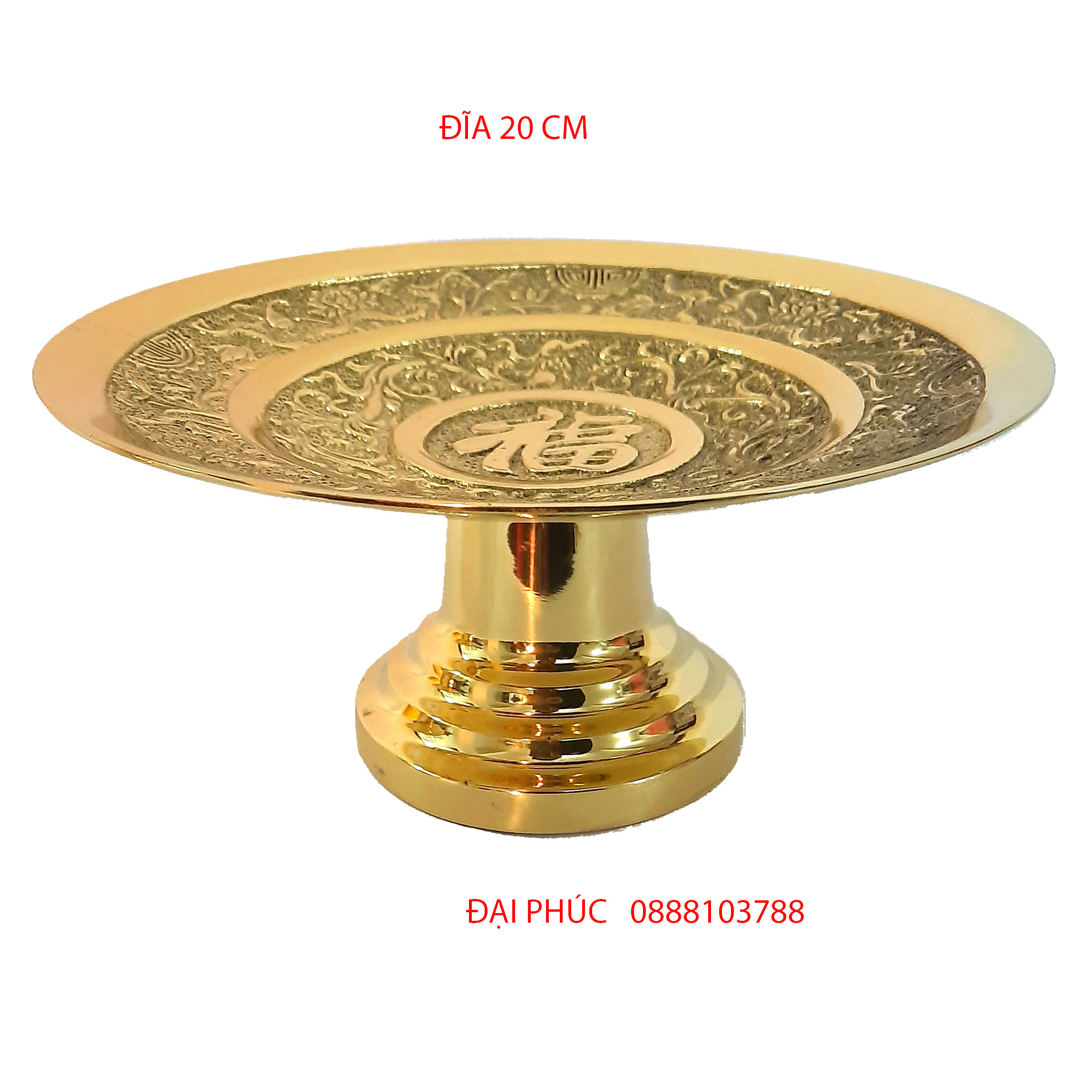 Đĩa trái cây chữ Phúc đường kính 20 cm màu vàng sáng bóng