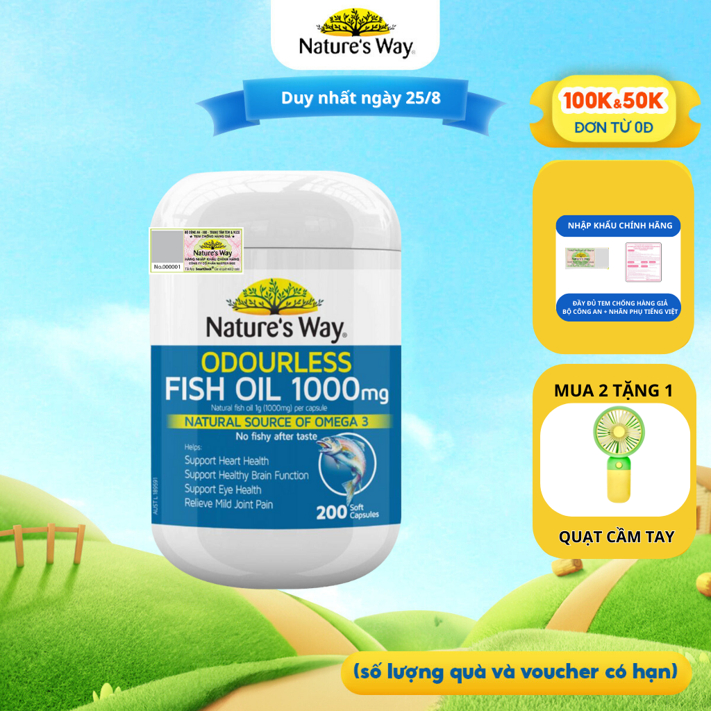 Viên uống dầu cá nature’s way odourless fish oil tăng cường sức khoẻ tự nhiên không mùi 1000mg