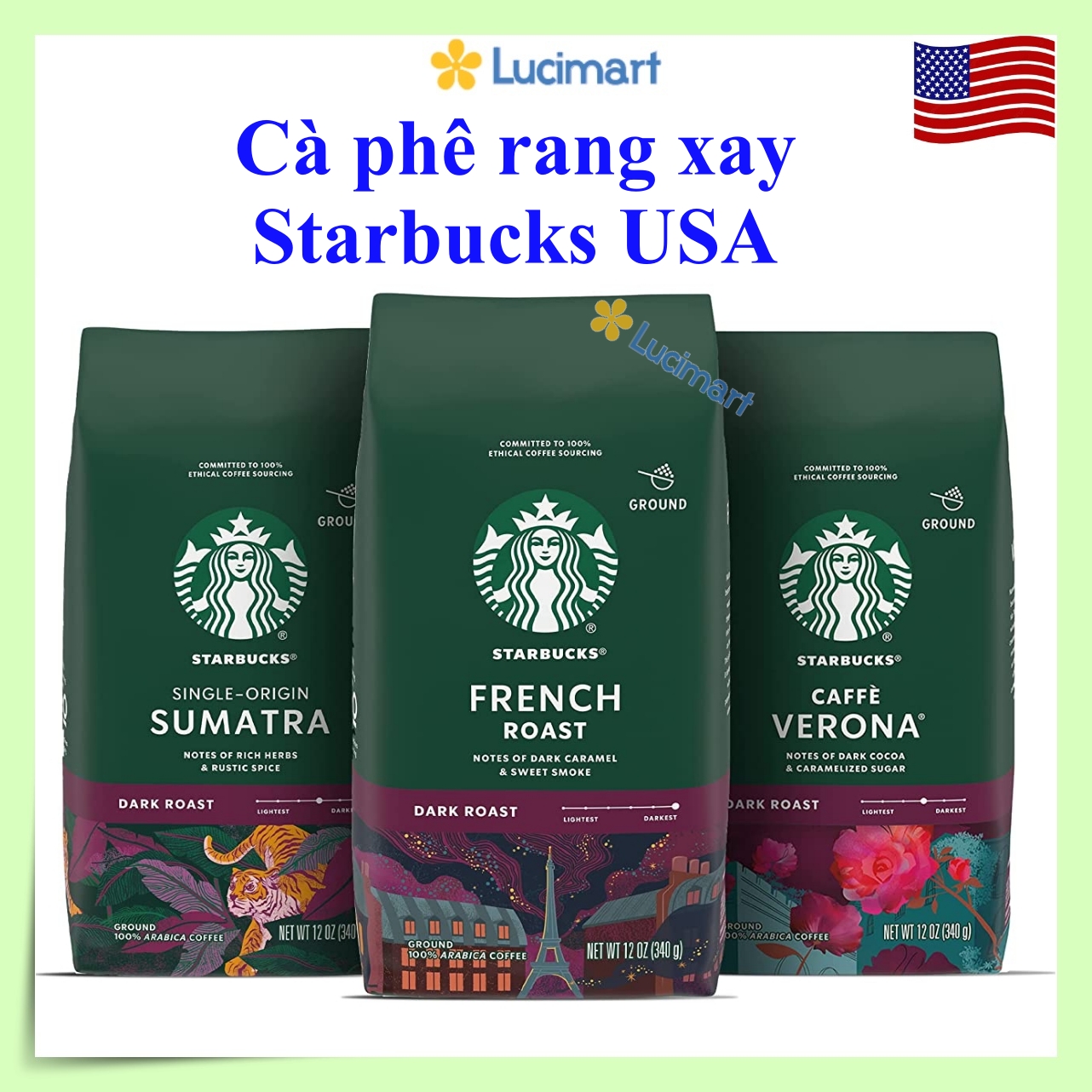 Cà phê Starbucks rang xay sẵn 100% Arabica Coffee Dark (USA)