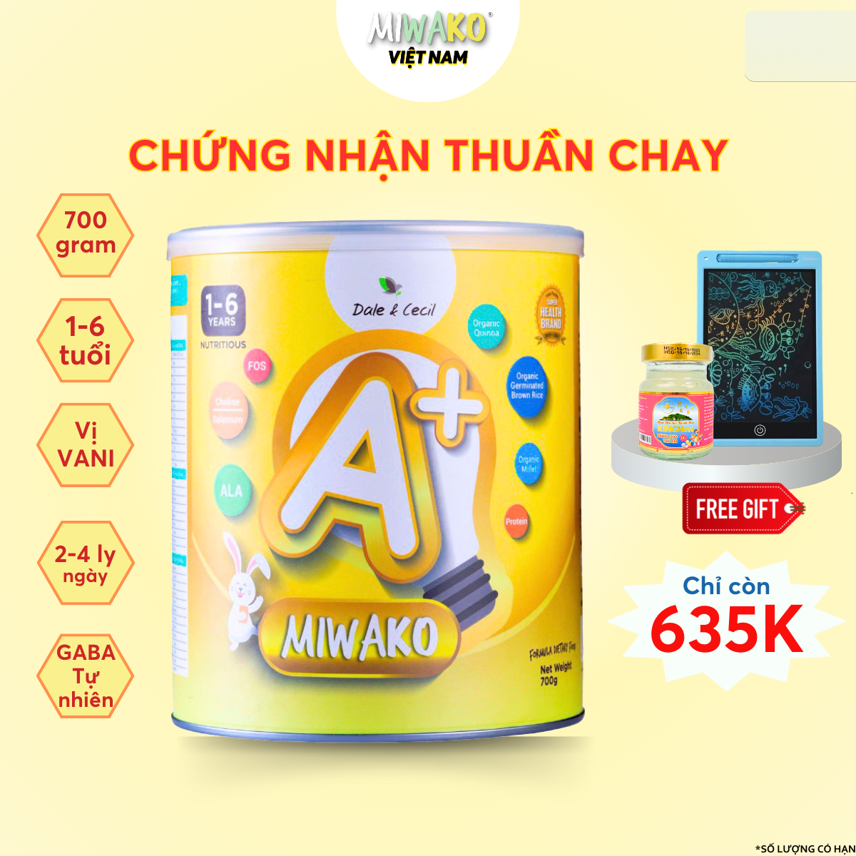 Sữa Miwako A+ Vị Vani Hộp 700gr, Bổ Sung Dinh Dưỡng Hoàn Chỉnh Cho Bé, Phát Triển Trí Não, Đề Kháng Khỏe - Miwako Việt Nam