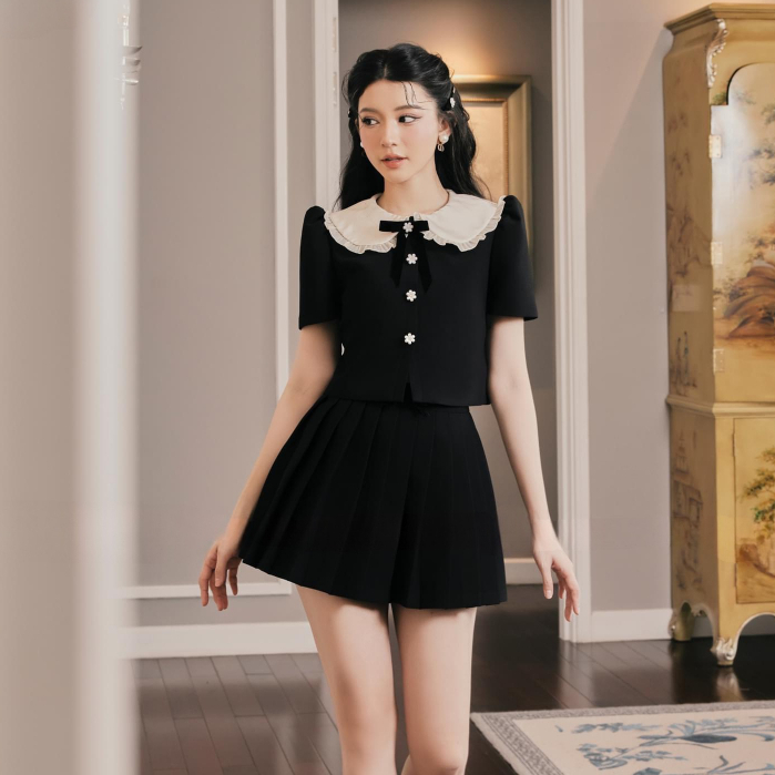 Set áo váy cổ bèo công sở màu đen tracy set, áo croptop kèm chân váy chữ a lady quảng châu