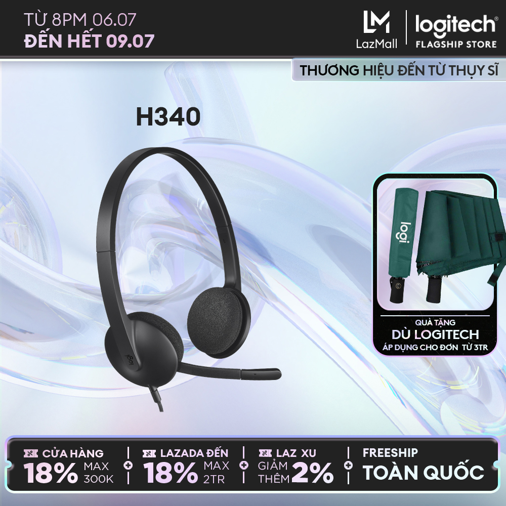 Tai nghe có dây Logitech H340 - Mic giảm ồn, điều khiển trên dây, âm thanh kỹ thuật số, đệm tai thoải mái, kết nối USB-A