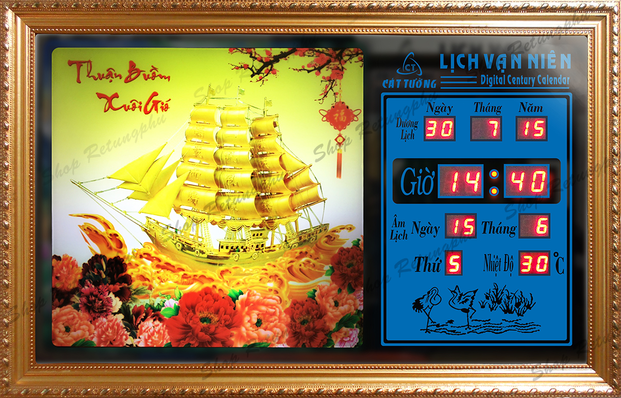 Đồng hồ Lịch Vạn Niên điện tử treo tường - Thuyền Buồm 55437 (KT 55x35x7cm)_Có 2 loại (không remote đèn và có Remote đèn )