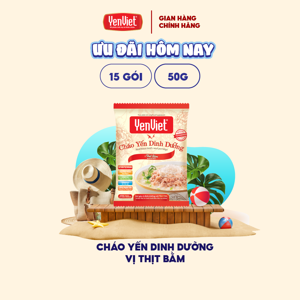 Cháo yến dinh dưỡng Yến Việt vị thịt bằm sấy thăng hoa, vitamin B, không bột ngọt, chất bảo quản thùng 30 gói x 50g