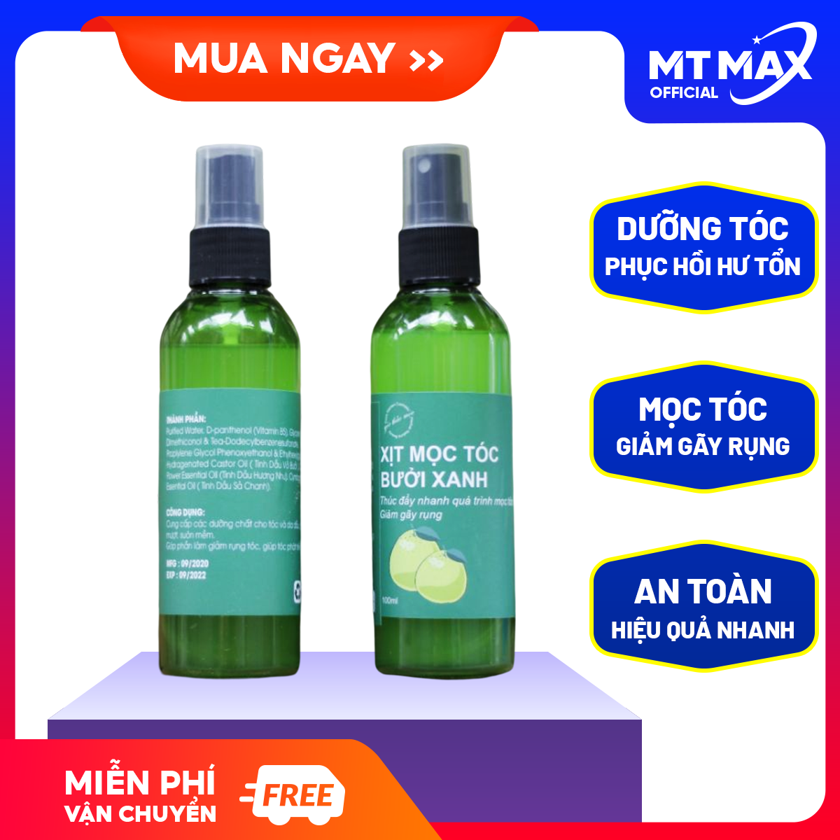 Xịt mọc tóc bưởi xanh kích thích mọc tóc hiệu quả, Chai xịt kích thích mọc tóc bưởi xanh 100ml, Xịt bưởi kích thích mọc tóc